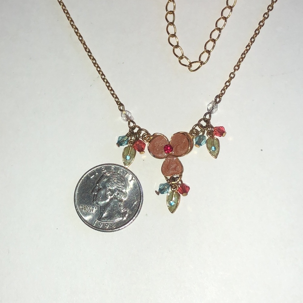 Gold Tone Multi-Color Floral Crystal Drop Pendant Necklace - Picture 3 of 4